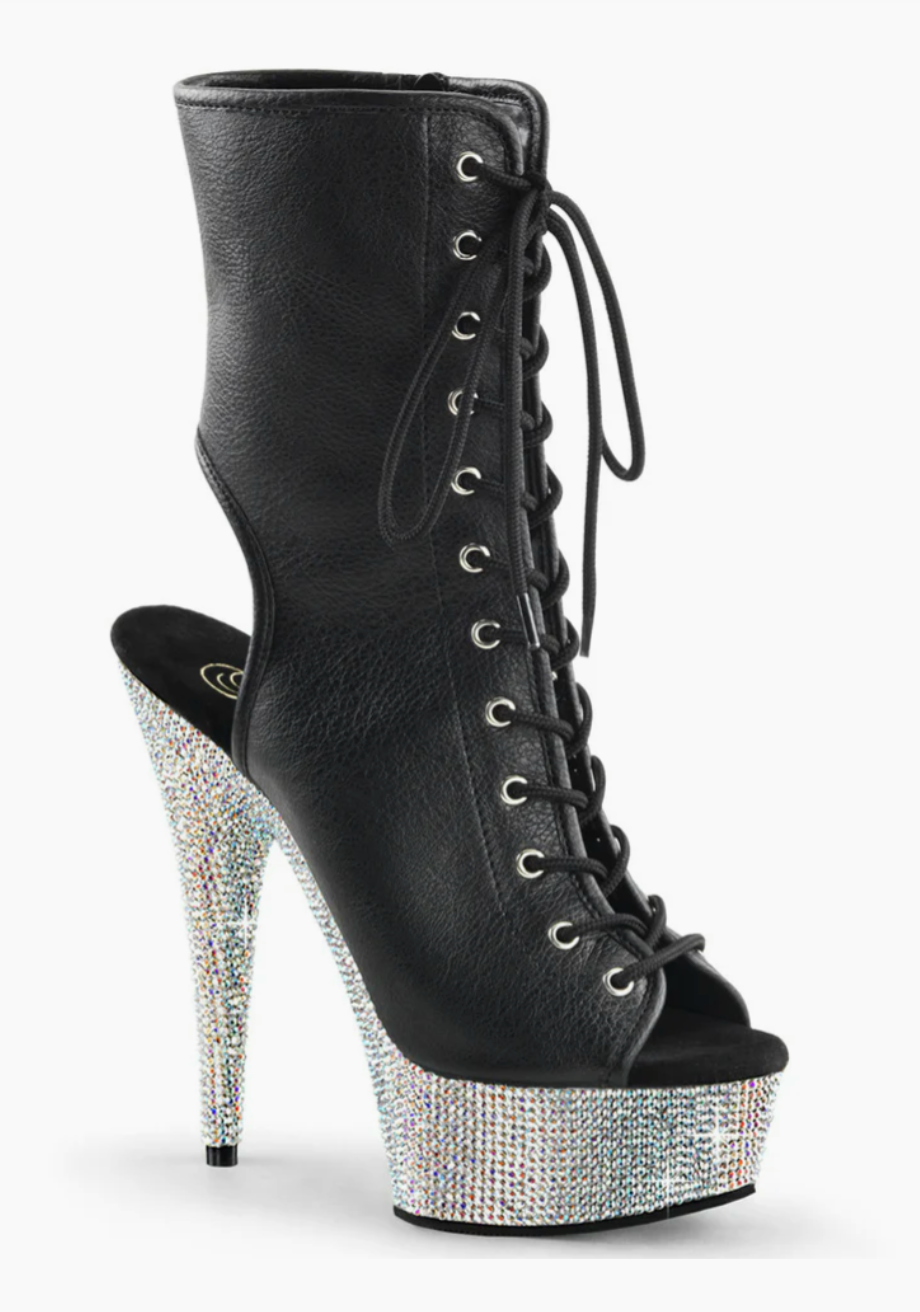 Rhinestone Rebel: Open-Toe Lace-Up Boots with Crystal Heel