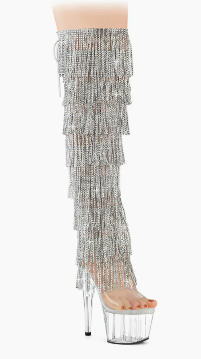 Showstopper Shimmer: Rhinestone Fringe Platform Heels