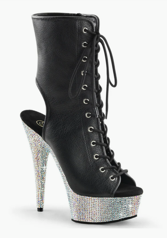 Rhinestone Rebel: Open-Toe Lace-Up Boots with Crystal Heel