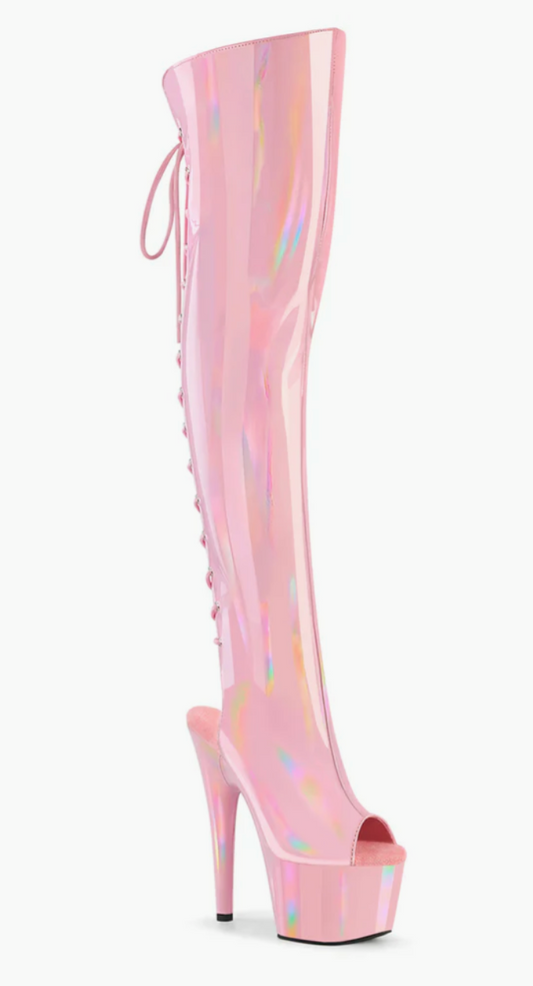 Blush Blitz: Iridescent Thigh-High Platform Boots