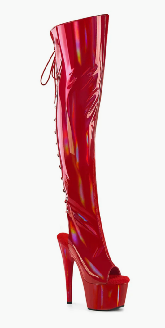 Red Hot Radiance: Holographic Thigh-High Platform Boots
